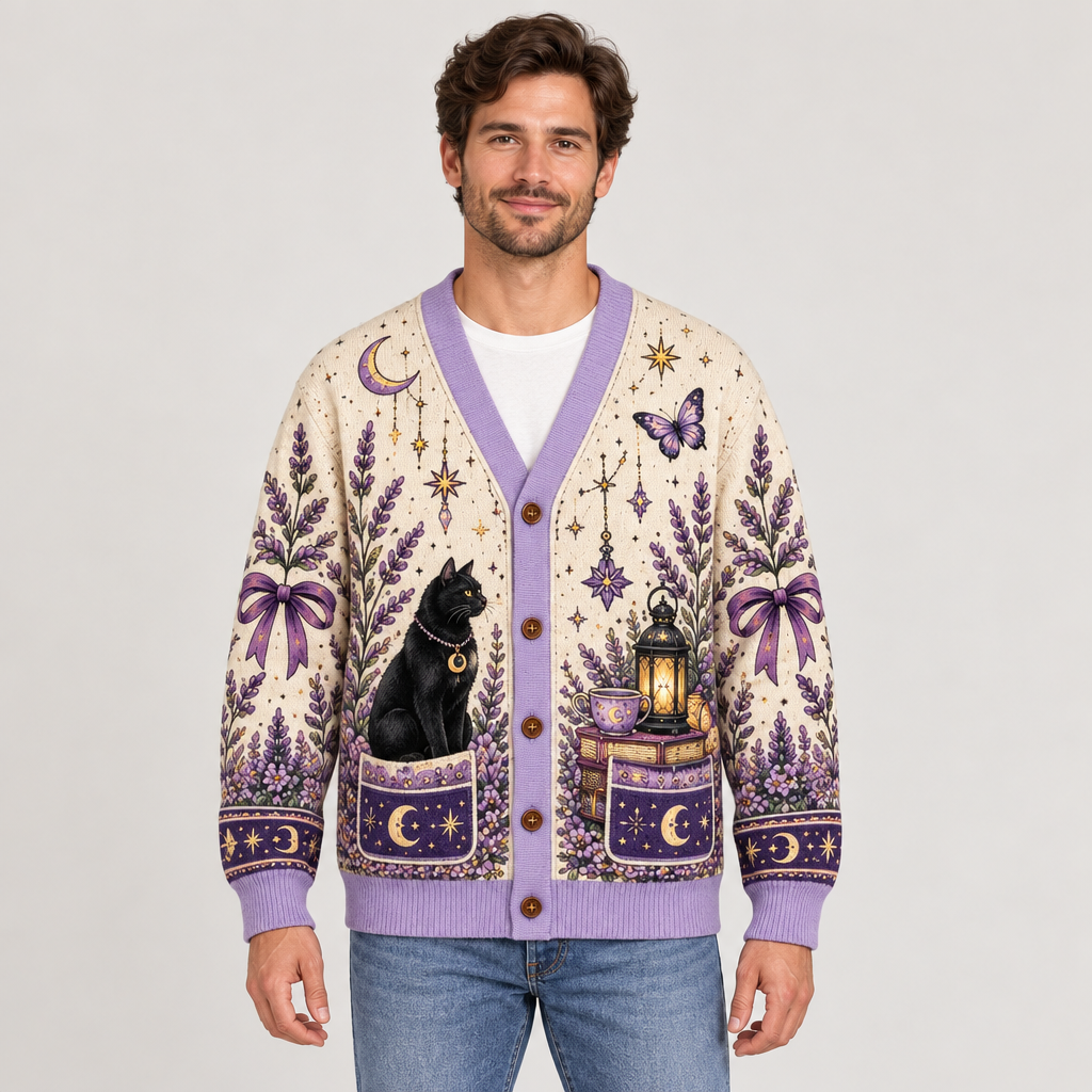 Male model wearing the Celestial Lavender cardigan