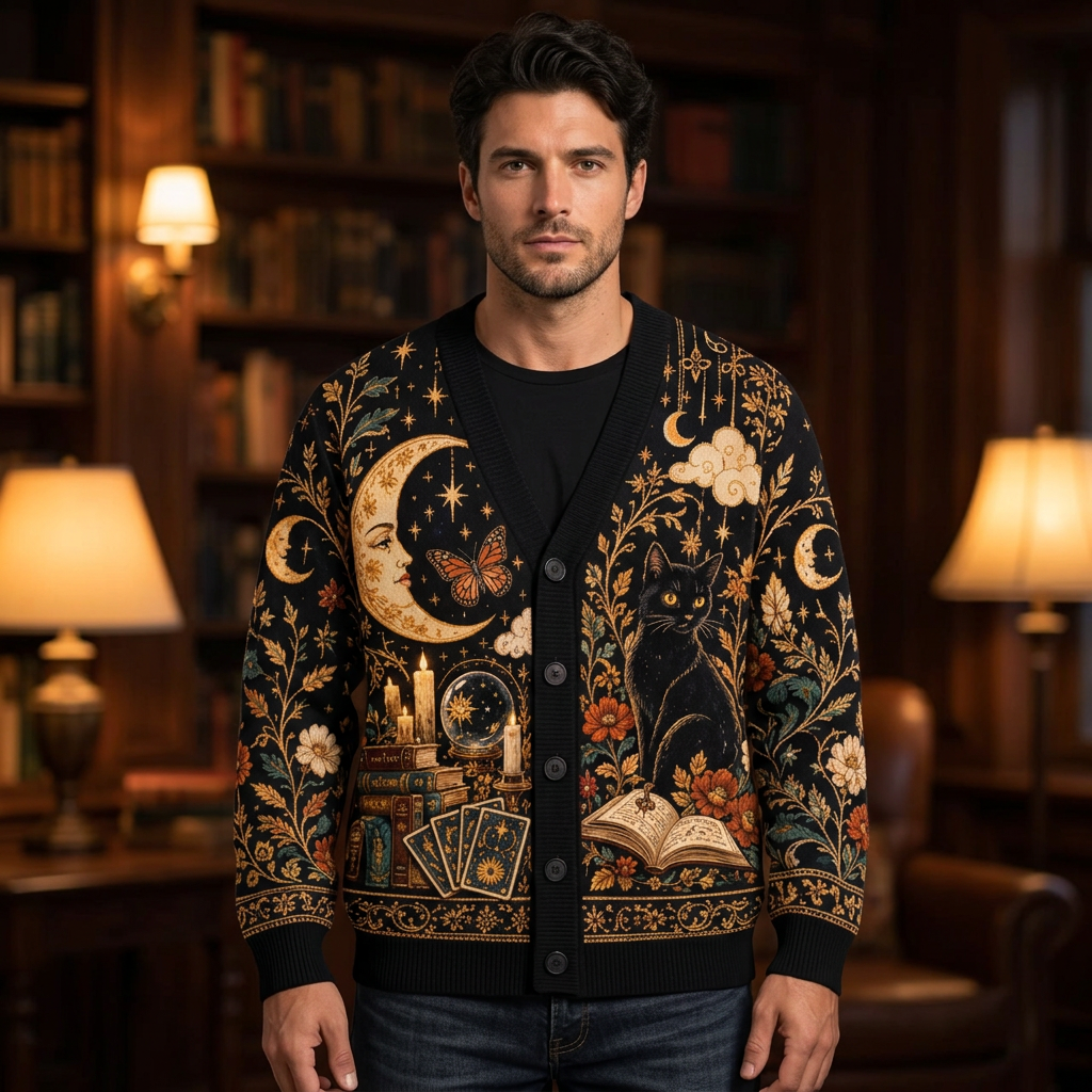 Male model wearing the celestial tarot and black cat cardigan