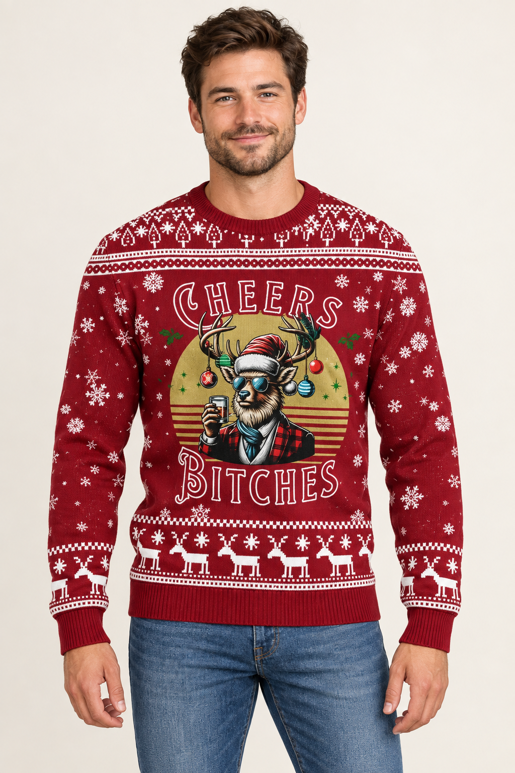 Male model wearing the Cheers Bitches sweater