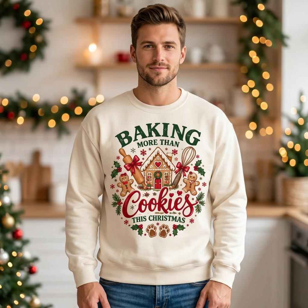 Male model wearing the Christmas baking sweatshirt
