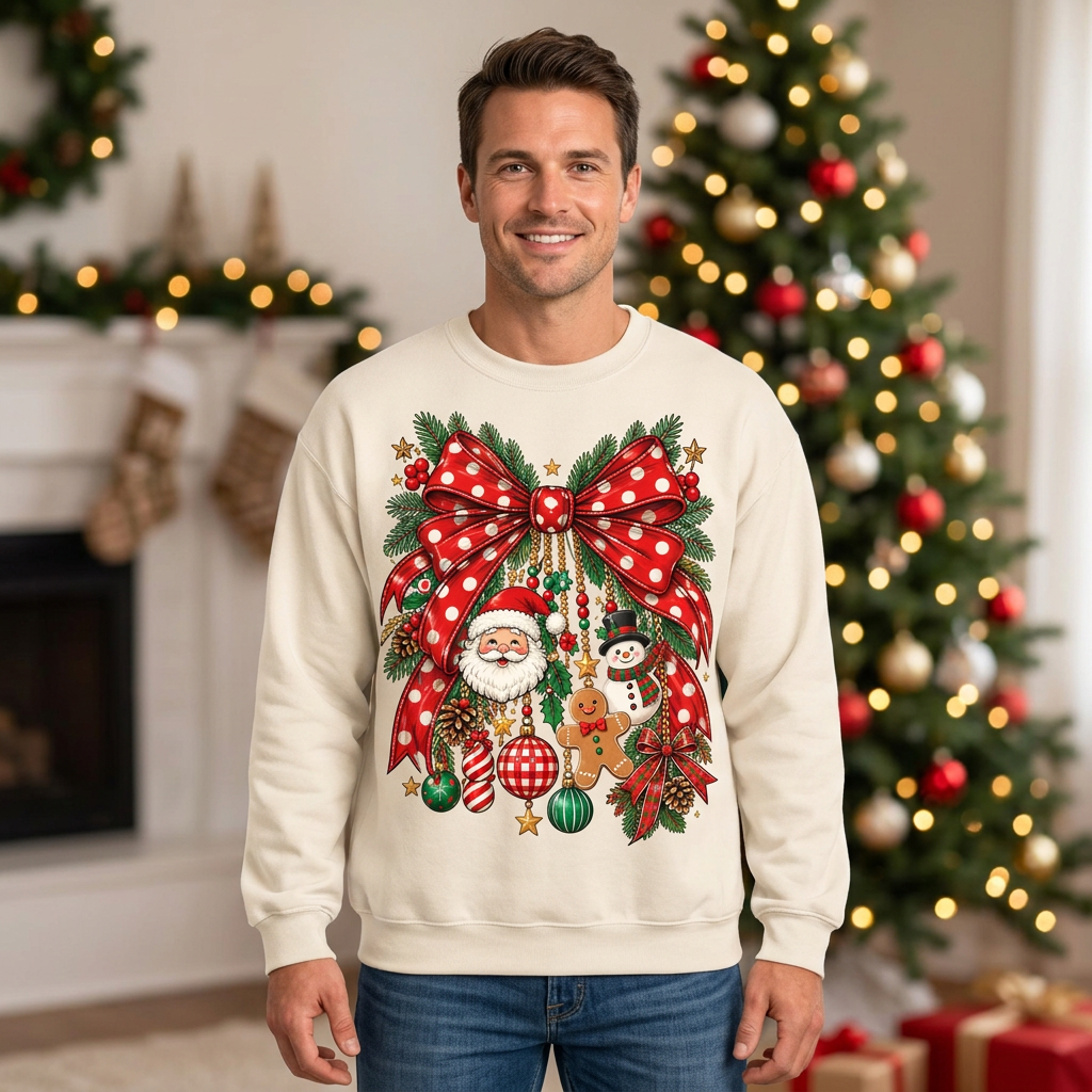 Male model wearing the Christmas bow sweatshirt