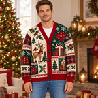 Male model wearing the Christmas cardigan