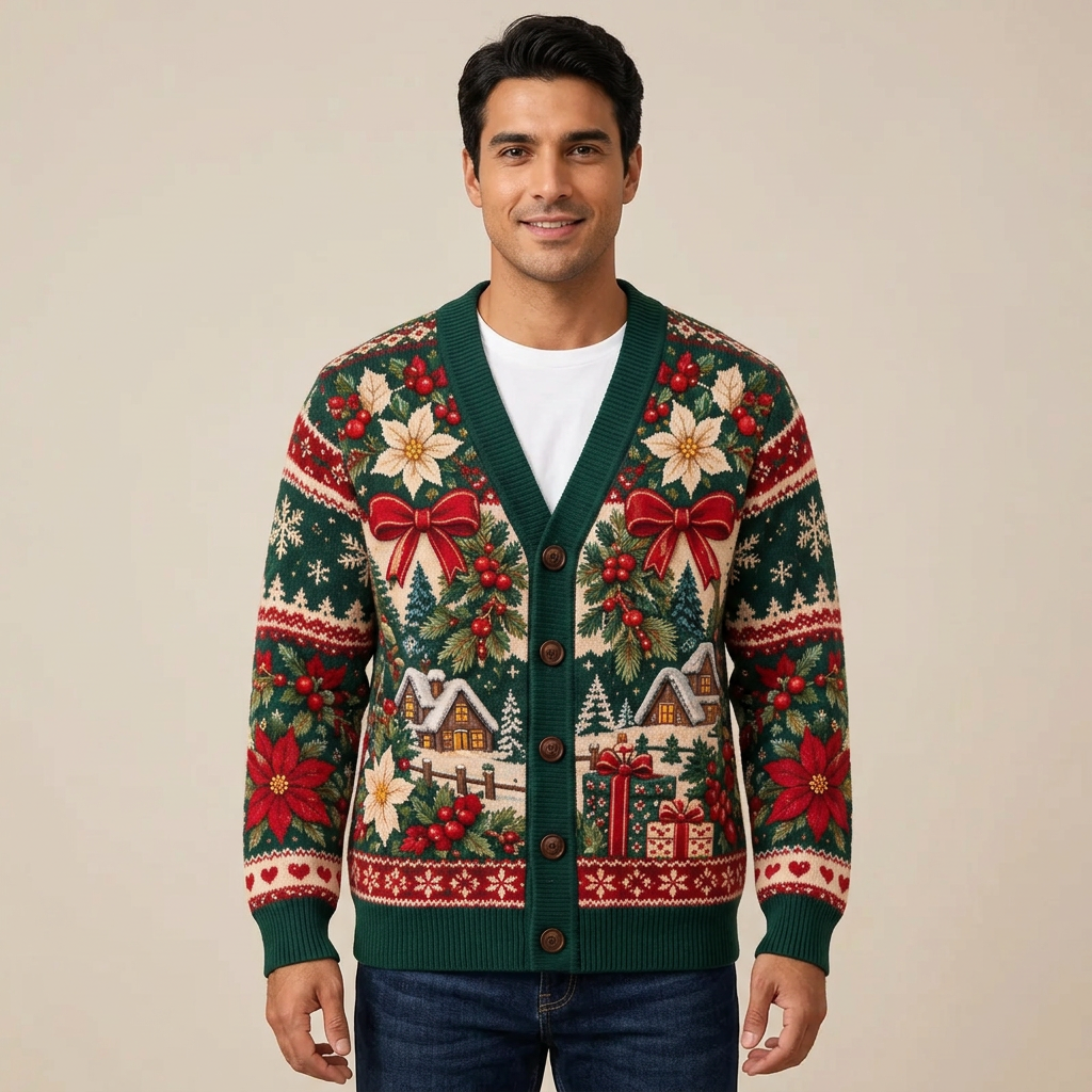 Male model wearing the Christmas cardigan