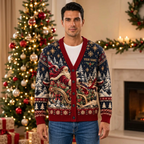 Male model wearing the Christmas cardigan