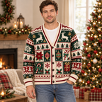 Male model wearing the Christmas cardigan