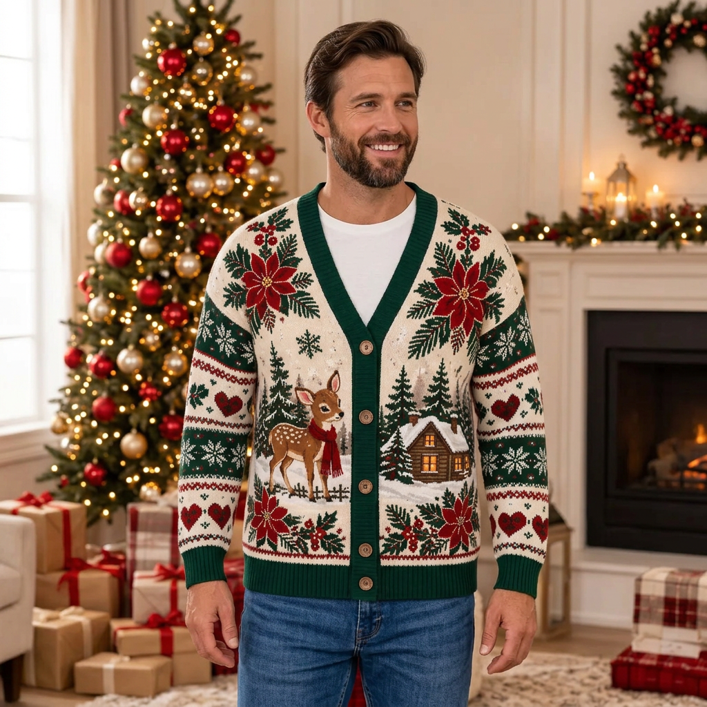 Male model wearing the Christmas cardigan