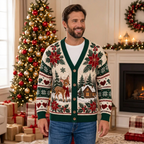 Male model wearing the Christmas cardigan