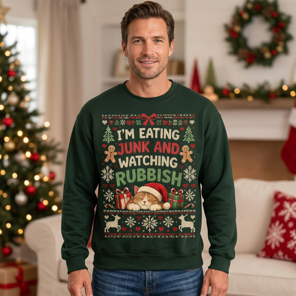 Male model wearing the Christmas cat sweatshirt