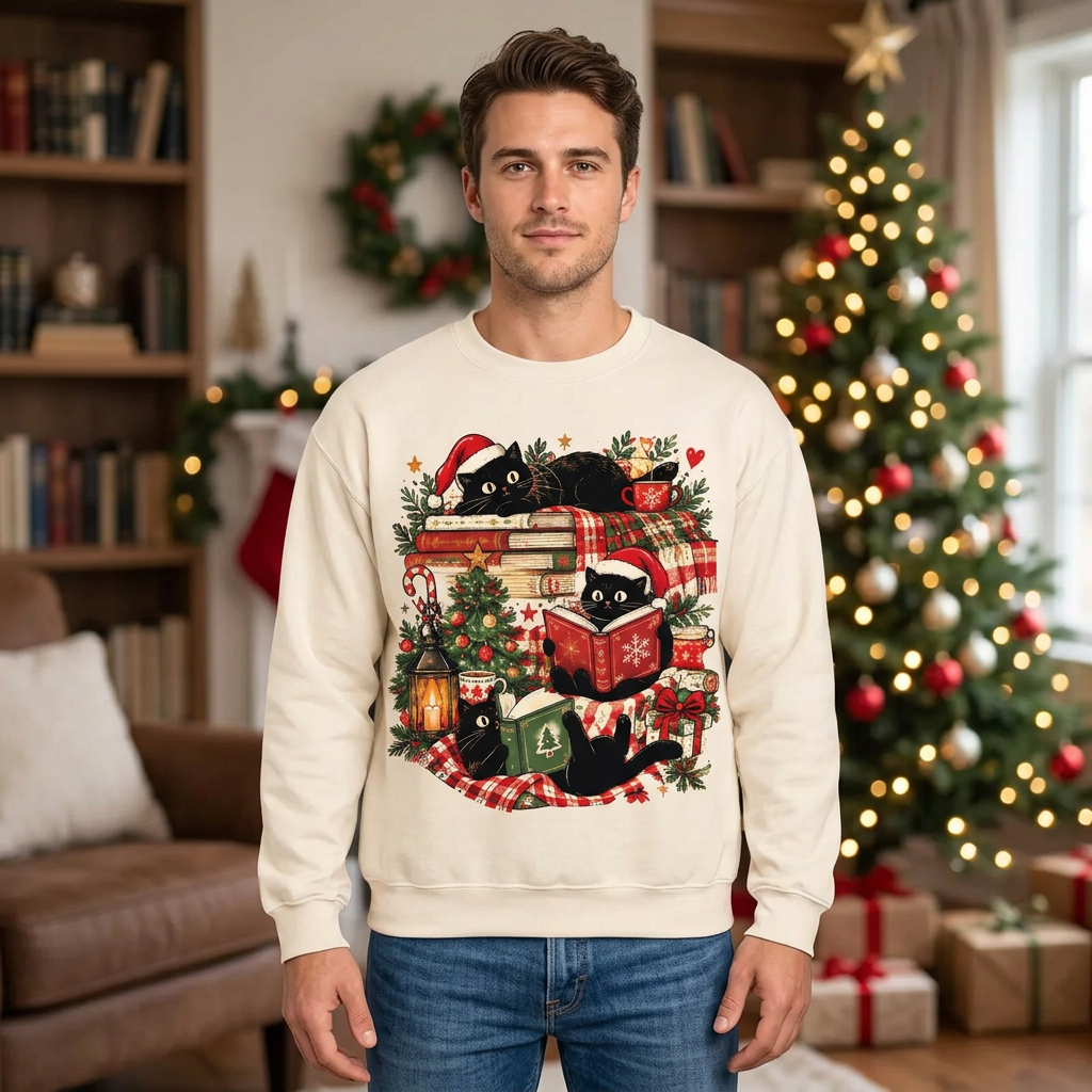 Male model wearing the Christmas cats sweatshirt