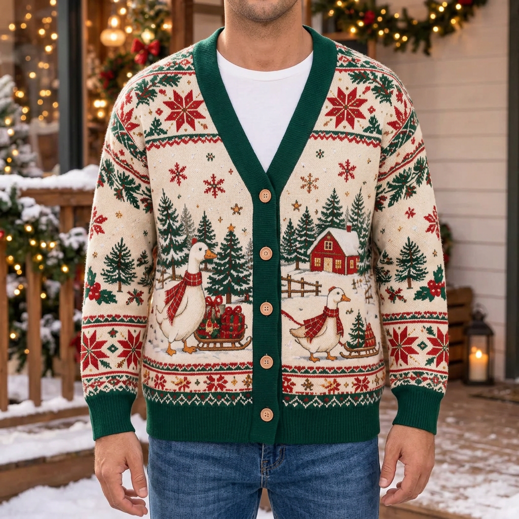 Male model wearing the Christmas goose cardigan