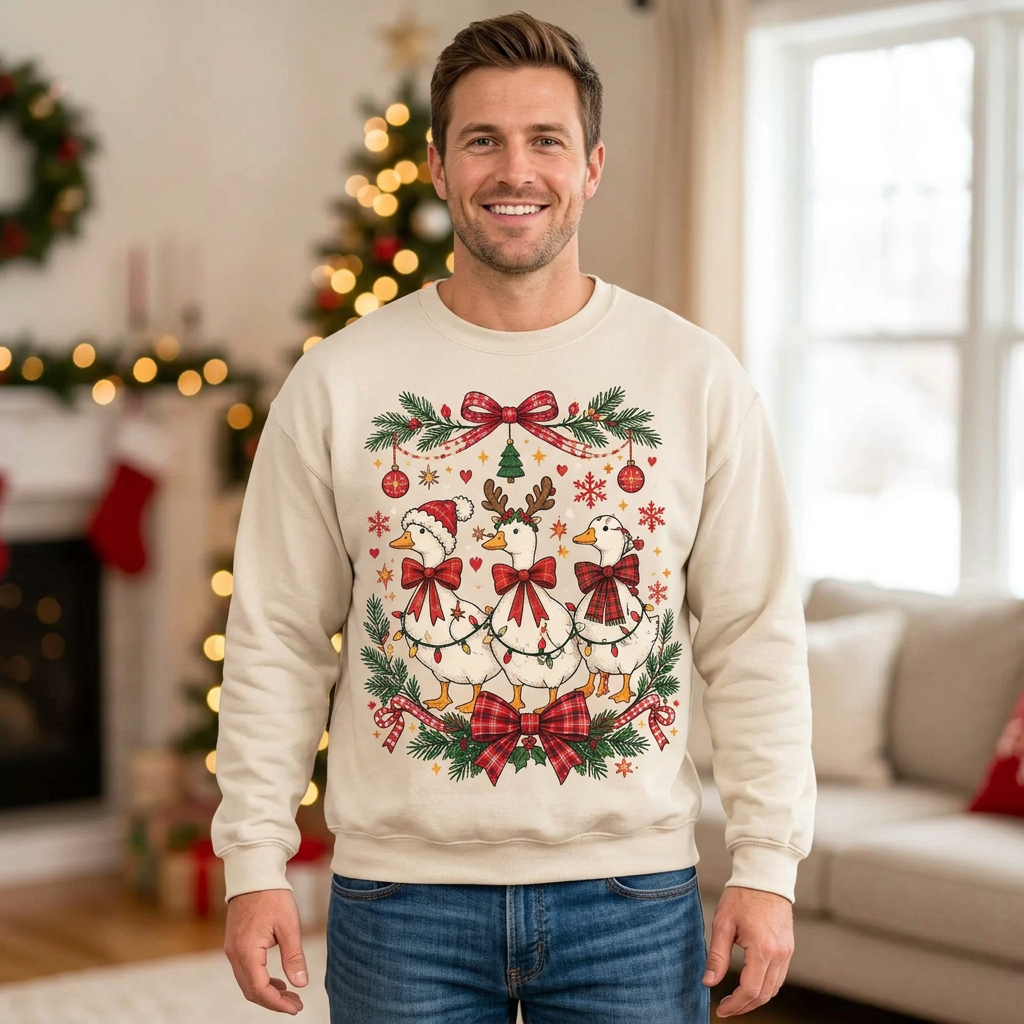 Male model wearing the Christmas goose sweatshirt