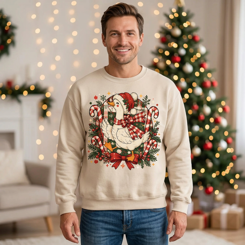 Male model wearing the Christmas goose sweatshirt