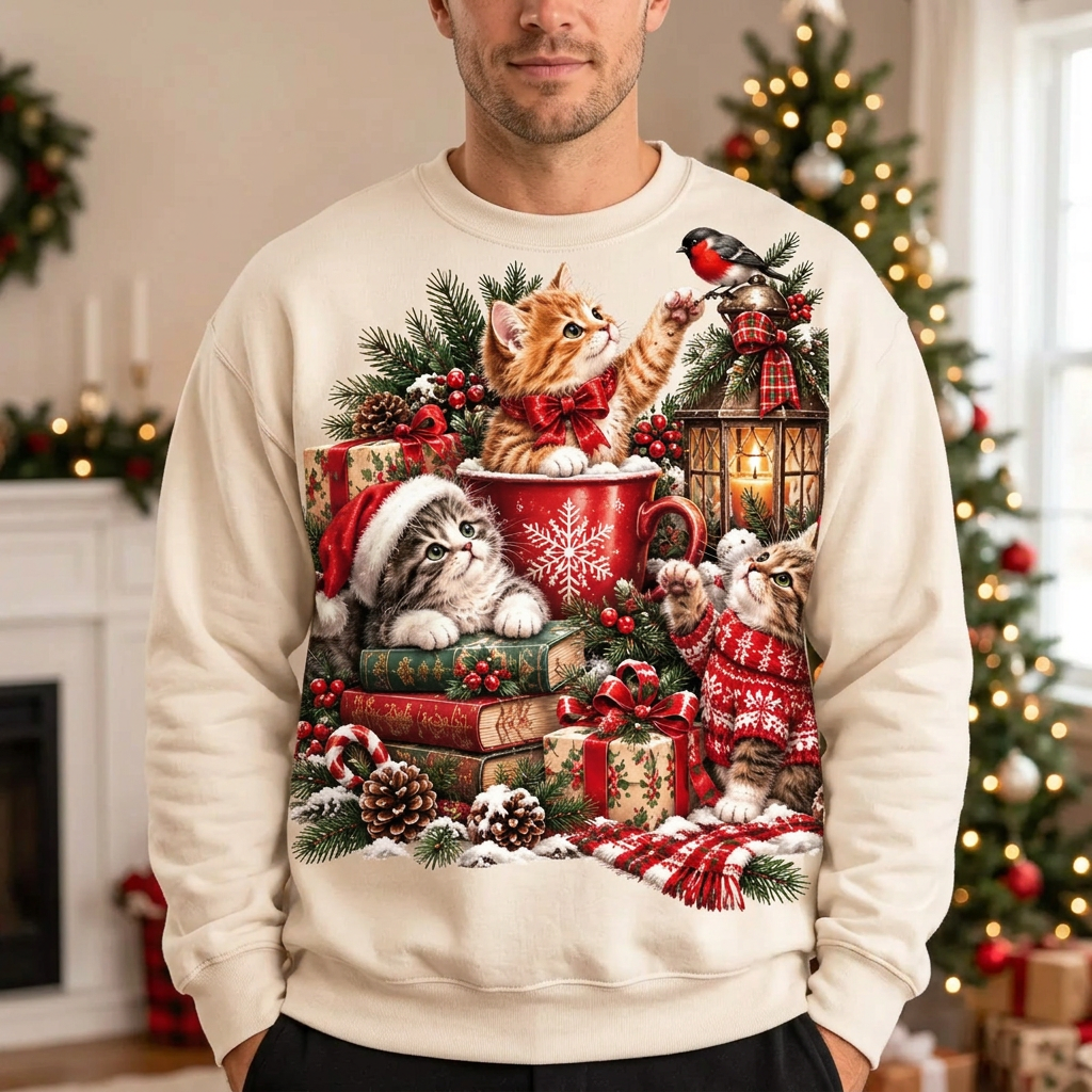 Male model wearing the Christmas kitten sweatshirt