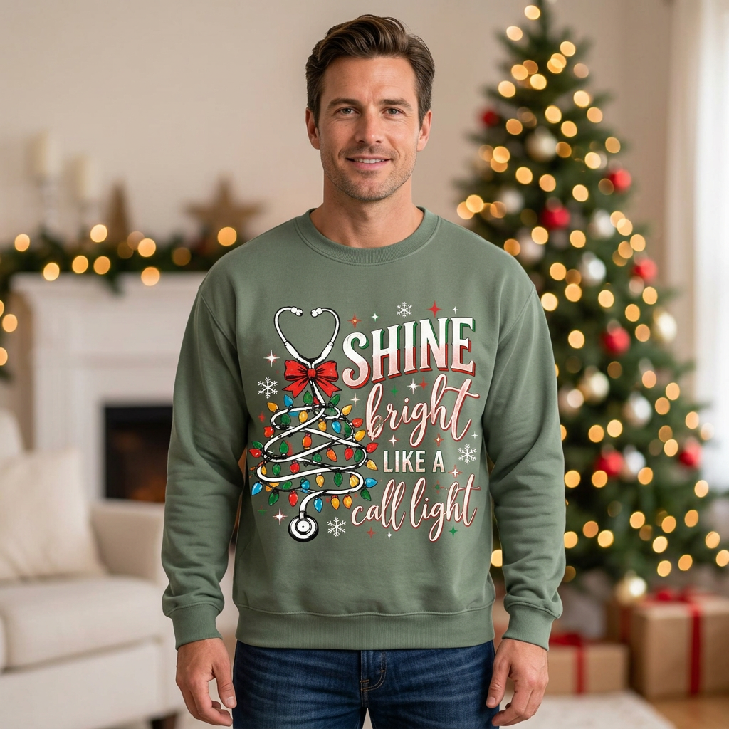Male model wearing the Christmas nurse sweatshirt