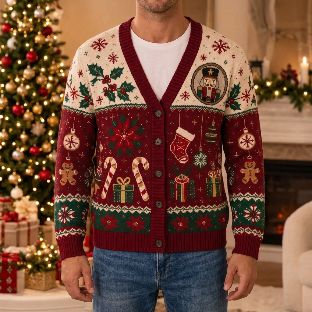 Male model wearing the Christmas nutcracker cardigan