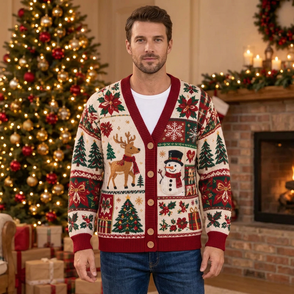 Male model wearing the Christmas patchwork cardigan