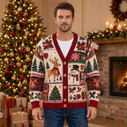 Male model wearing the Christmas patchwork cardigan