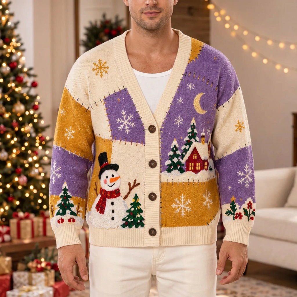 Male model wearing the Christmas patchwork cardigan