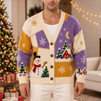 Male model wearing the Christmas patchwork cardigan