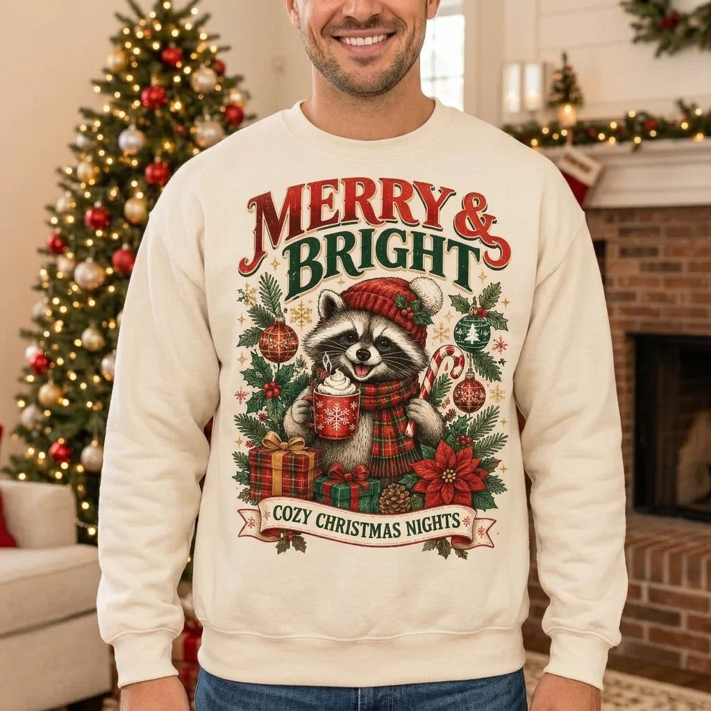 Male model wearing the Christmas raccoon sweatshirt