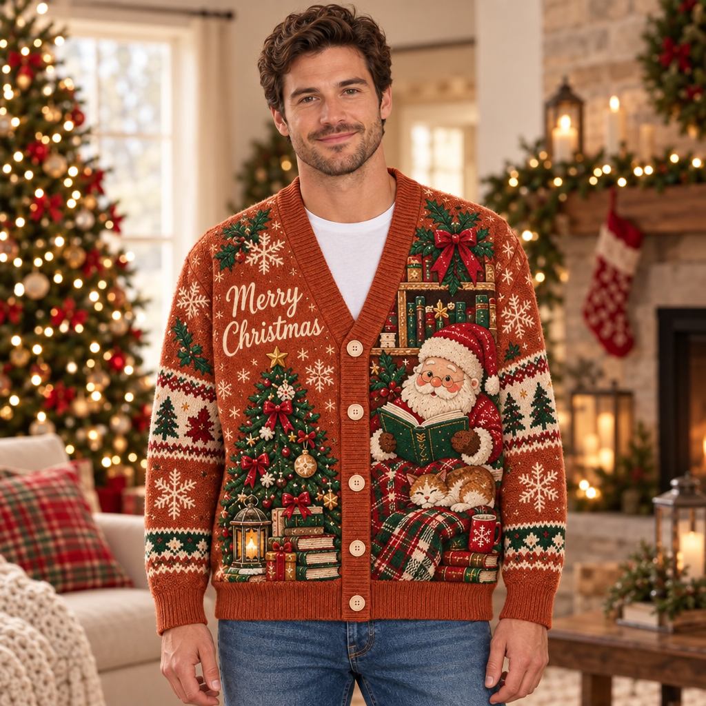 Male model wearing the Christmas reading cardigan