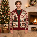 Male model wearing the Christmas reindeer and cabin cardigan