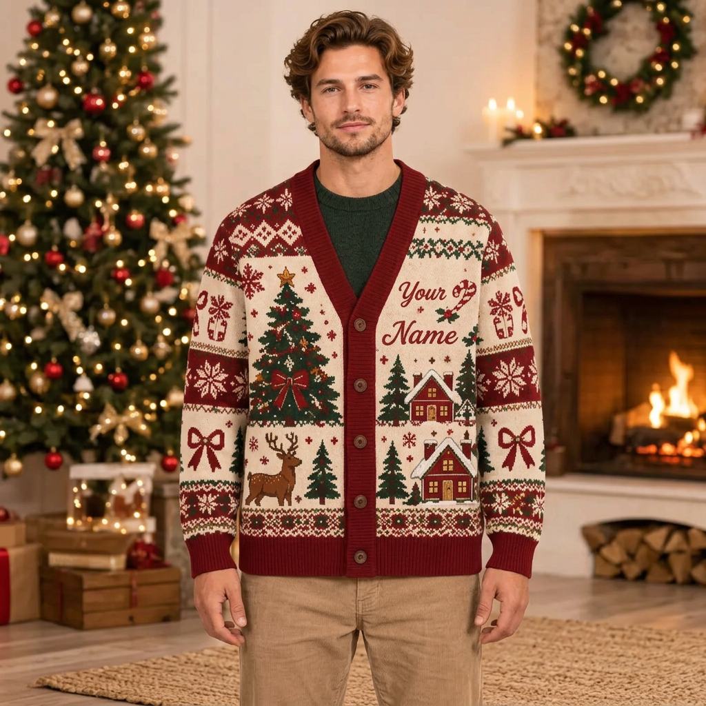 Male model wearing the Christmas reindeer and cabin cardigan