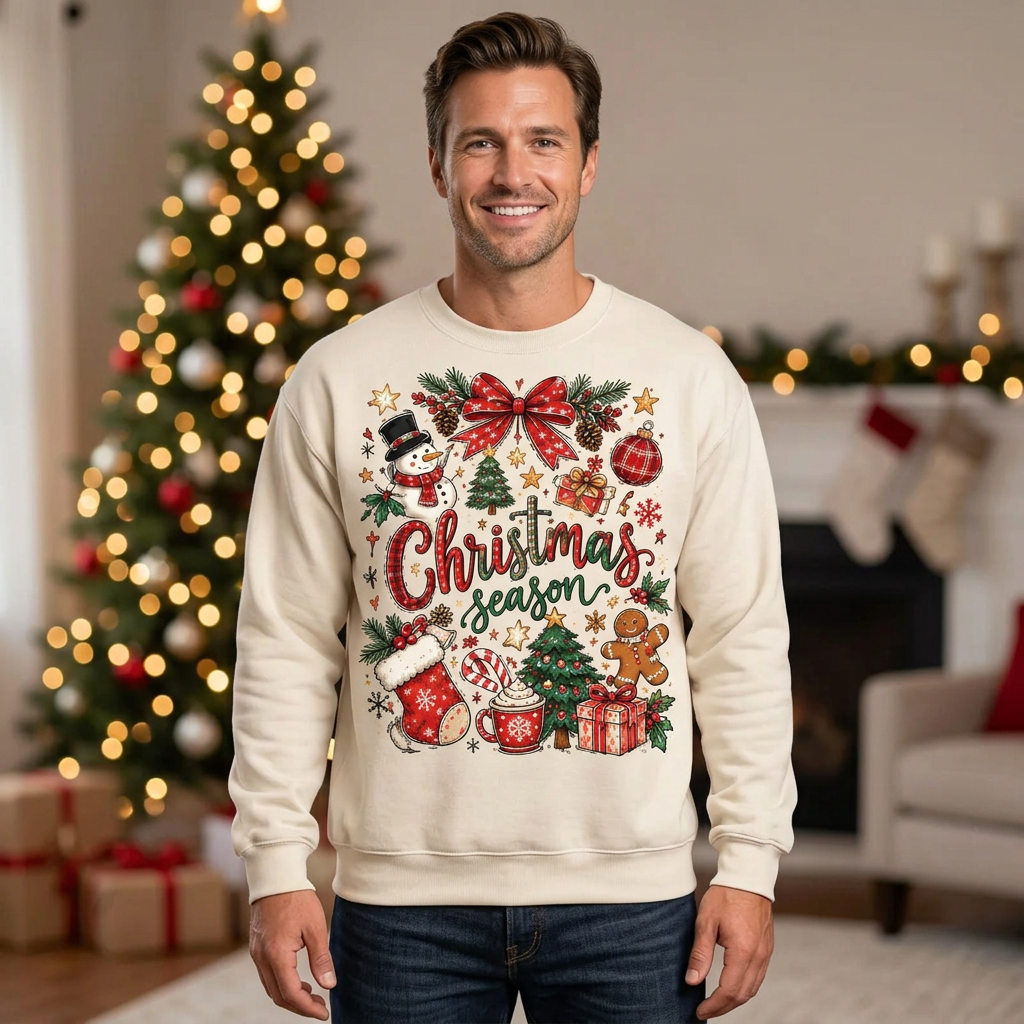 Male model wearing the Christmas season sweatshirt
