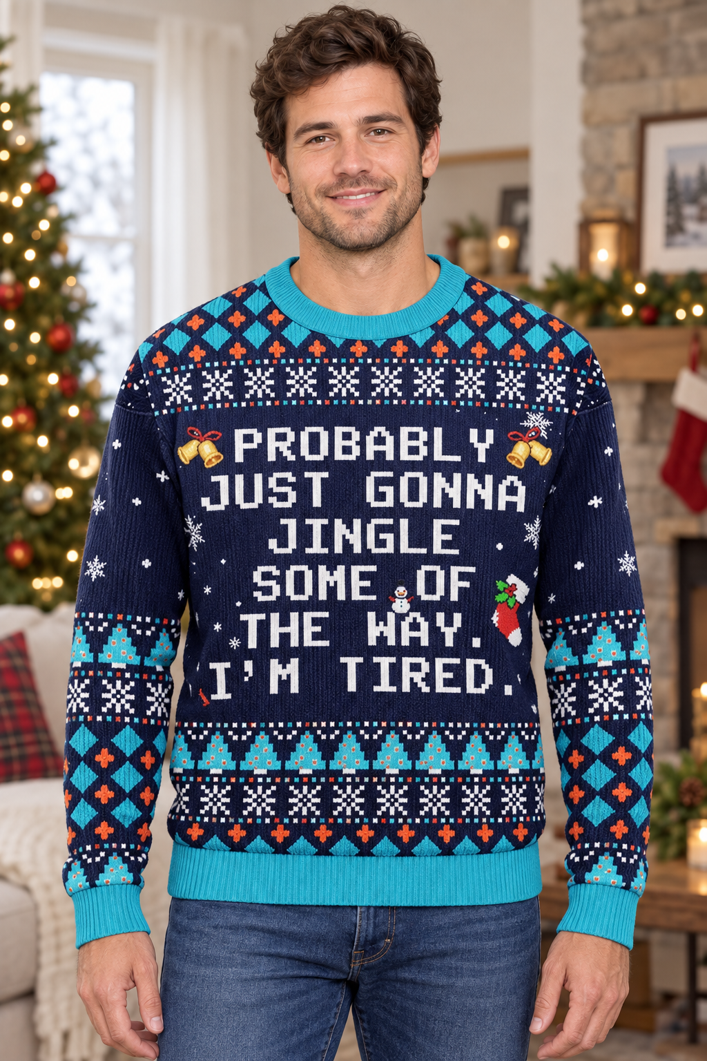 Male model wearing the Christmas sweater
