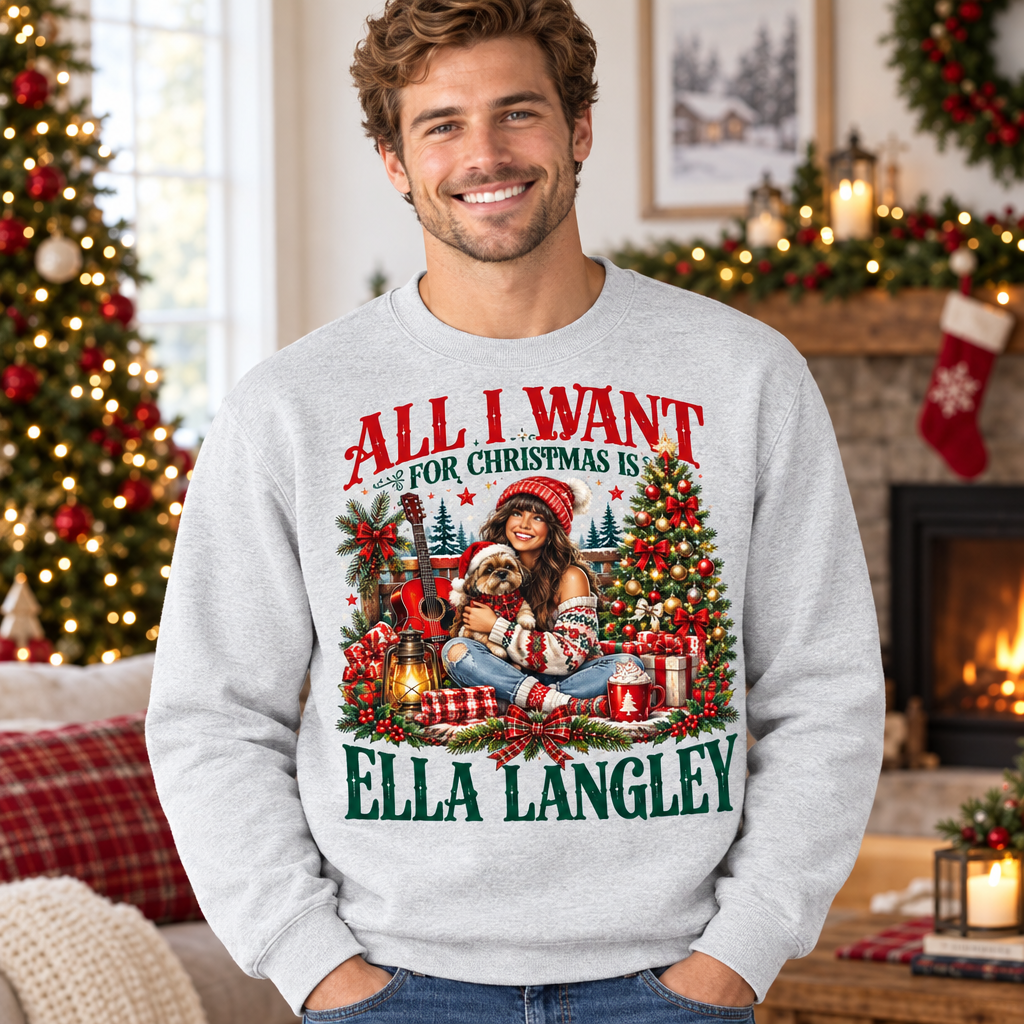 Male model wearing the Christmas sweatshirt