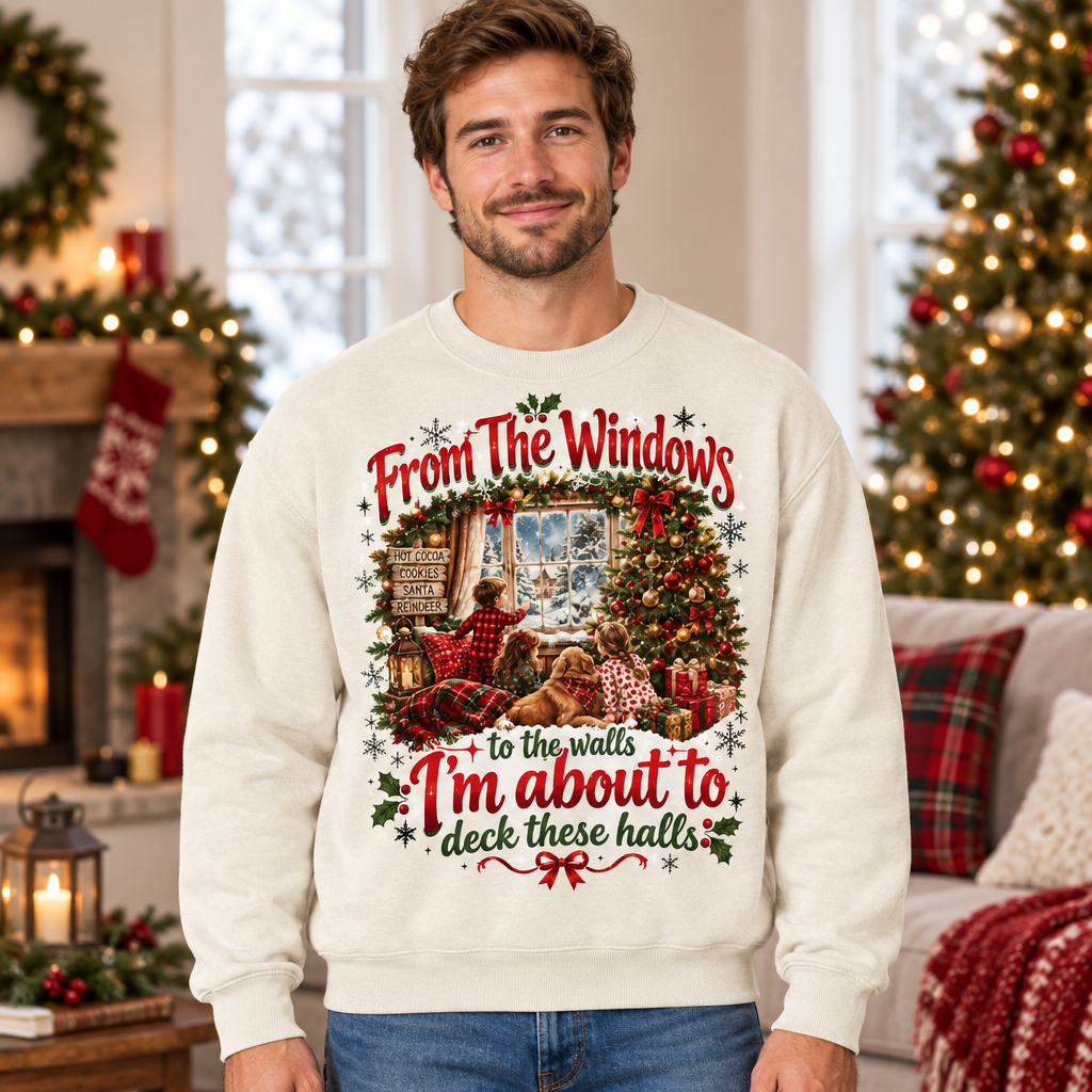 Male model wearing the Christmas sweatshirt