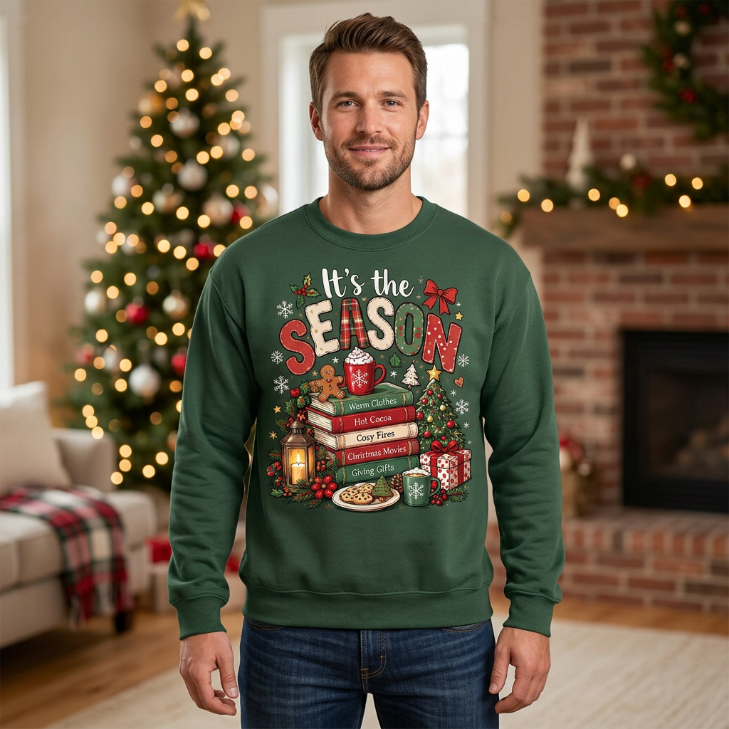 Male model wearing the Christmas sweatshirt