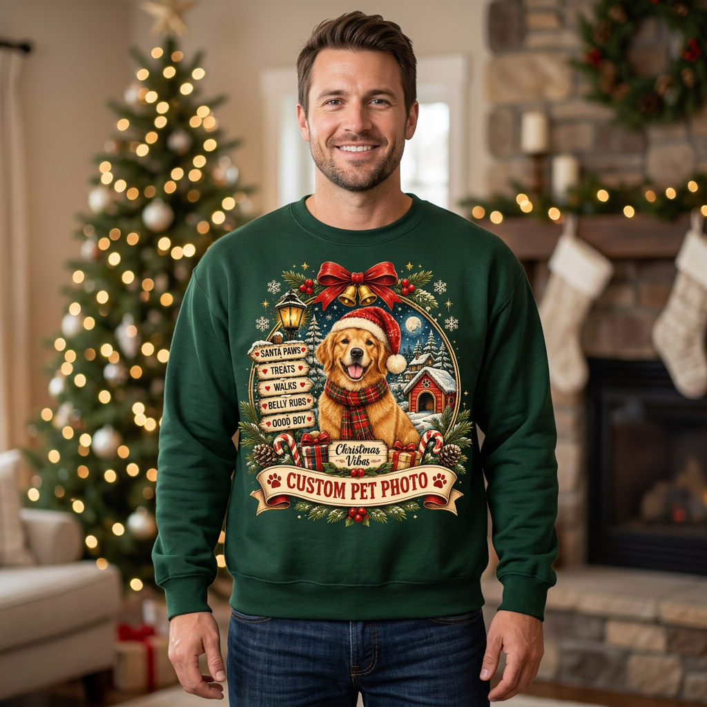 Male model wearing the Christmas sweatshirt