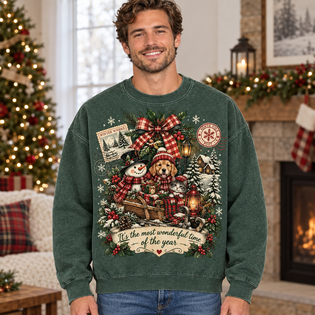 Male model wearing the Christmas sweatshirt