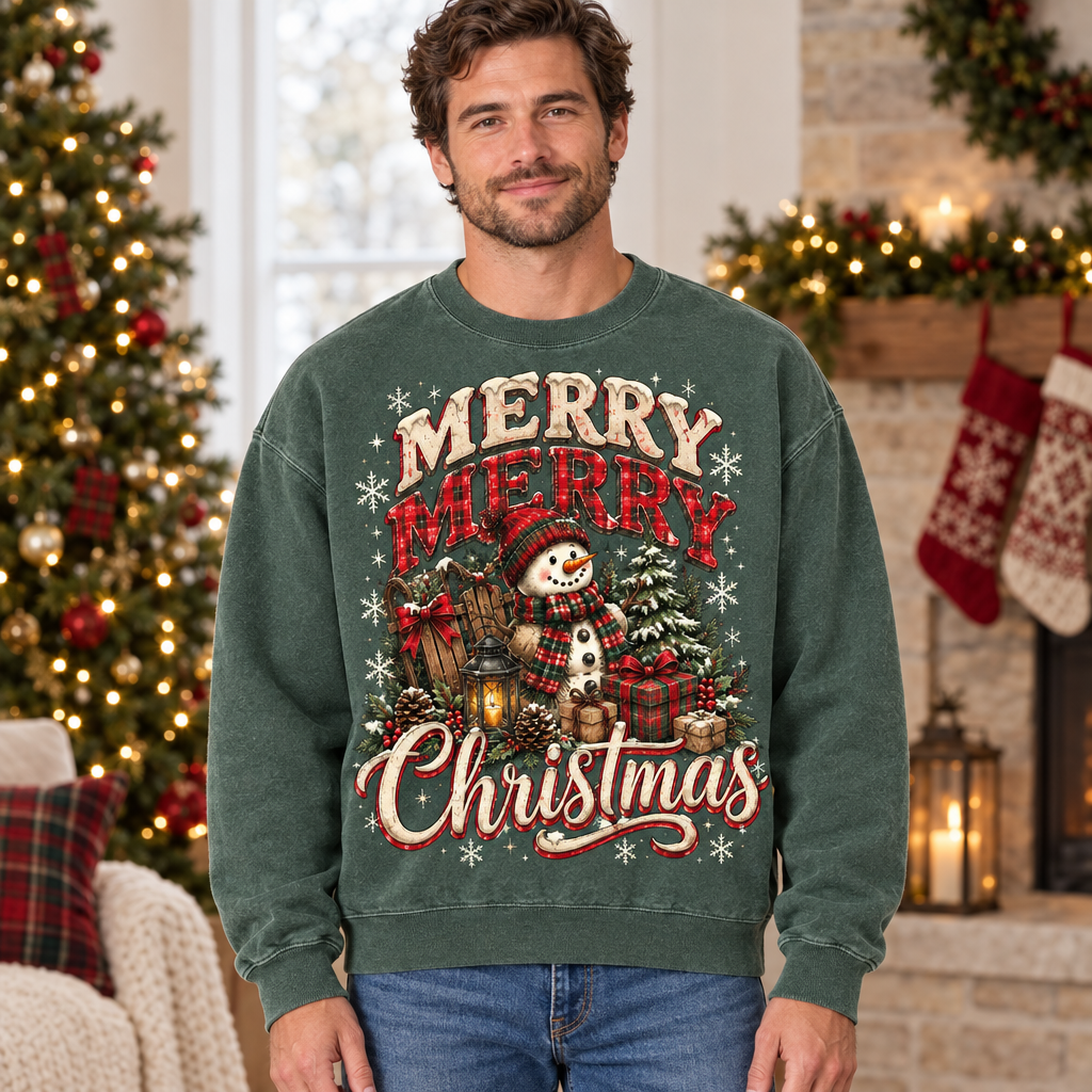Male model wearing the Christmas sweatshirt