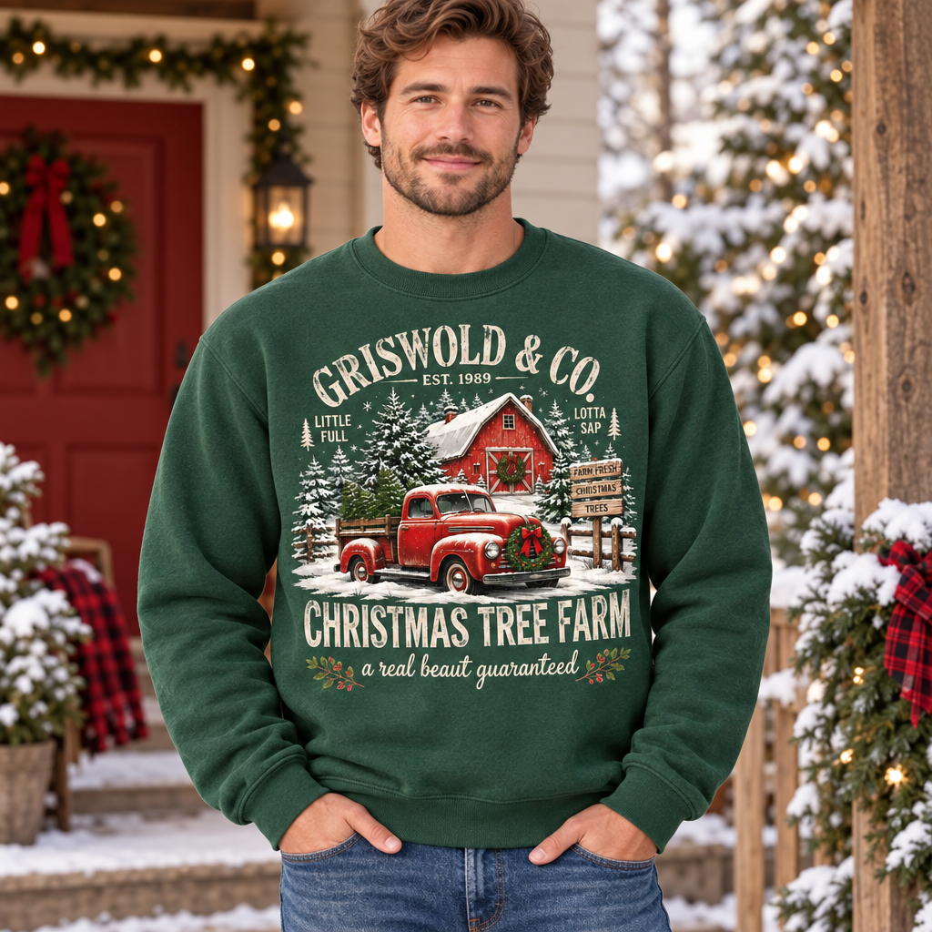 Male model wearing the Christmas Tree Farm sweatshirt