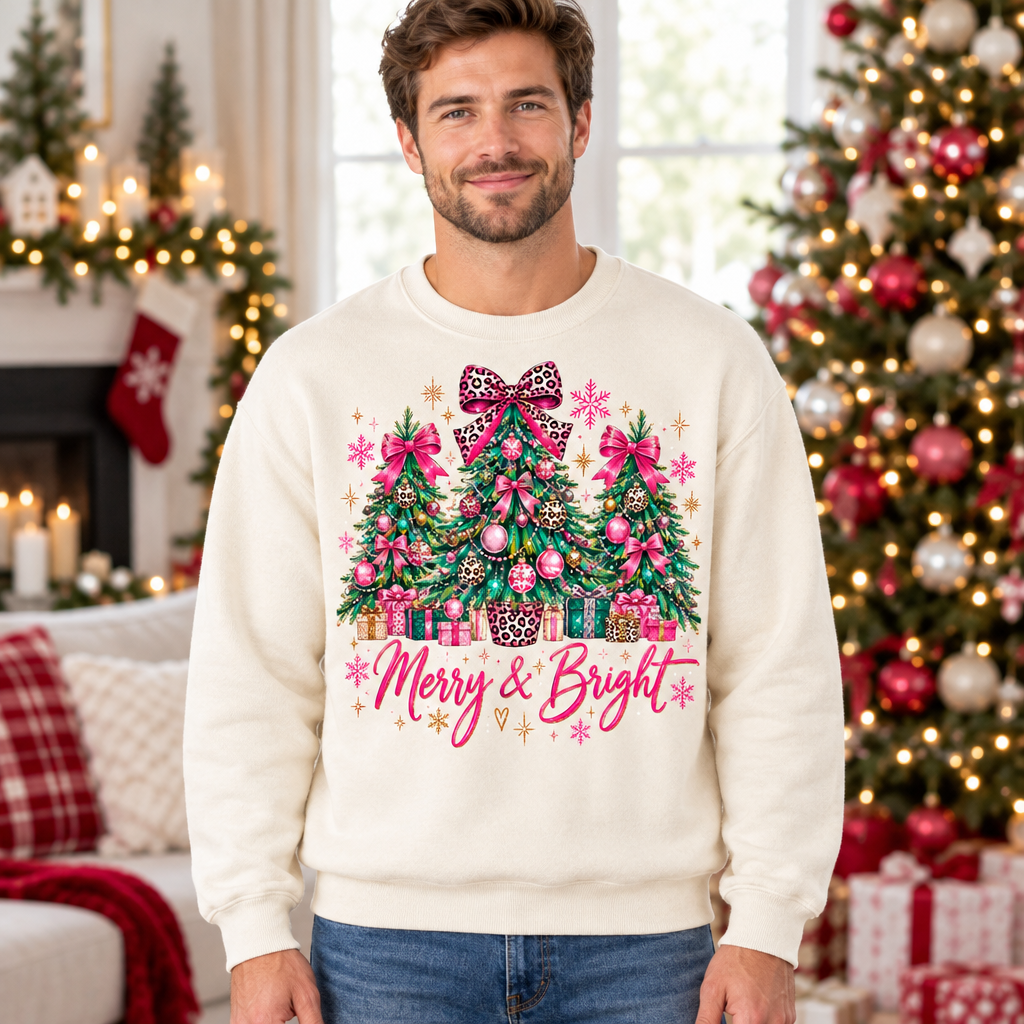 Male model wearing the Christmas-tree sweatshirt