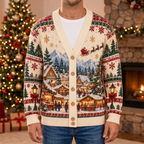 Male model wearing the Christmas village cardigan