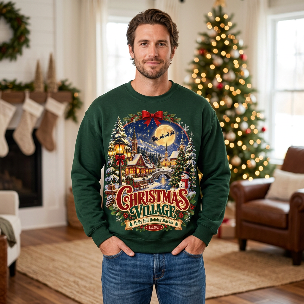 Male model wearing the Christmas Village sweatshirt