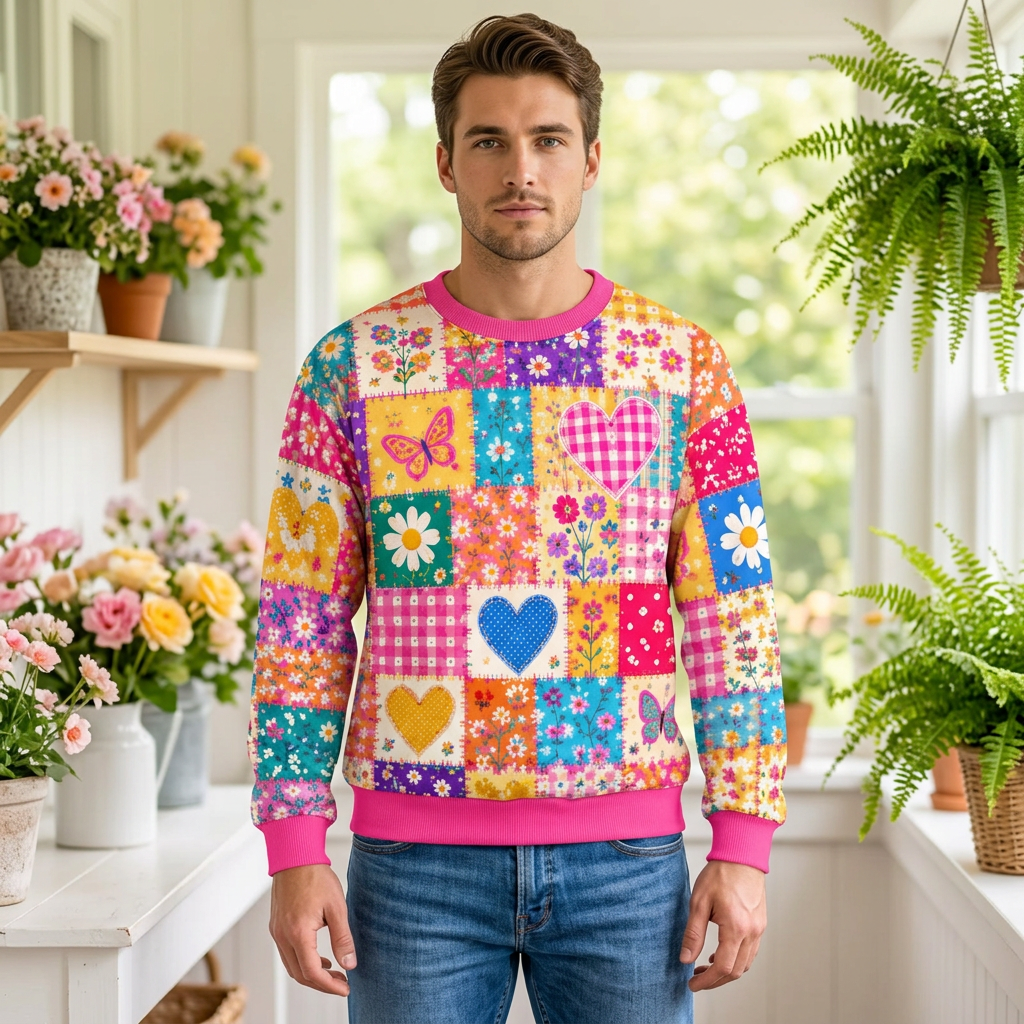 Male model wearing the Coat Of Many Colors sweatshirt