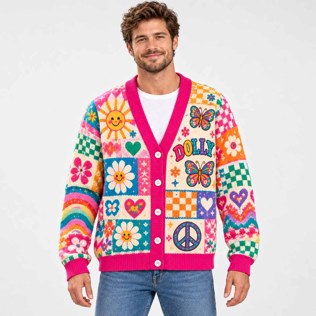 Male model wearing the colorful Dolly cardigan