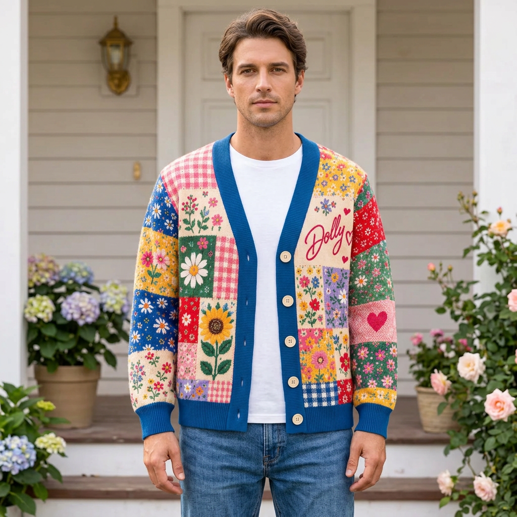 Male model wearing the Colorful Dolly Floral cardigan