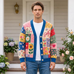 Male model wearing the Colorful Dolly Floral cardigan