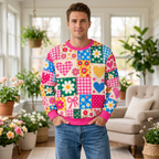 Male model wearing the colorful patchwork sweatshirt