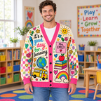 Male model wearing the colorful teacher cardigan