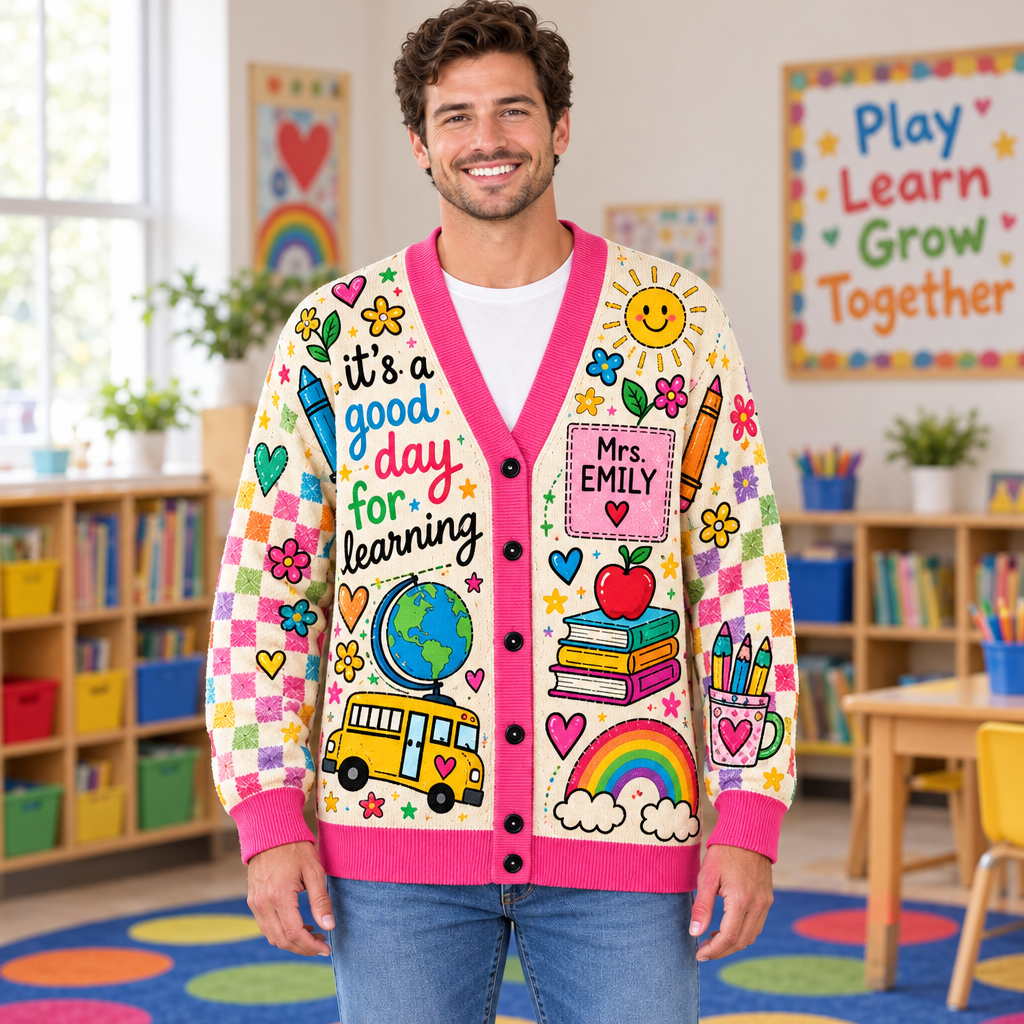 Male model wearing the colorful teacher cardigan