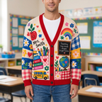 Male model wearing the Colorful Teacher cardigan