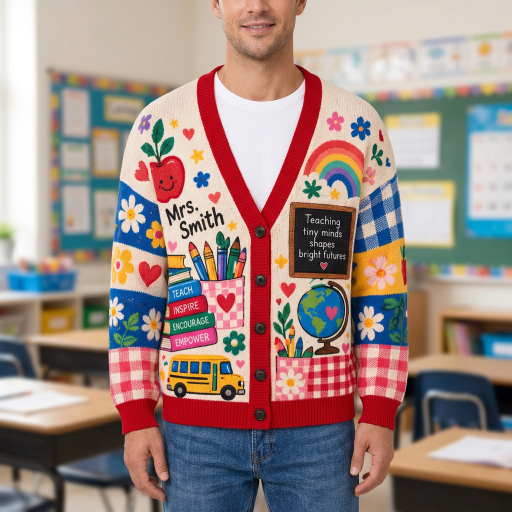 Male model wearing the Colorful Teacher cardigan
