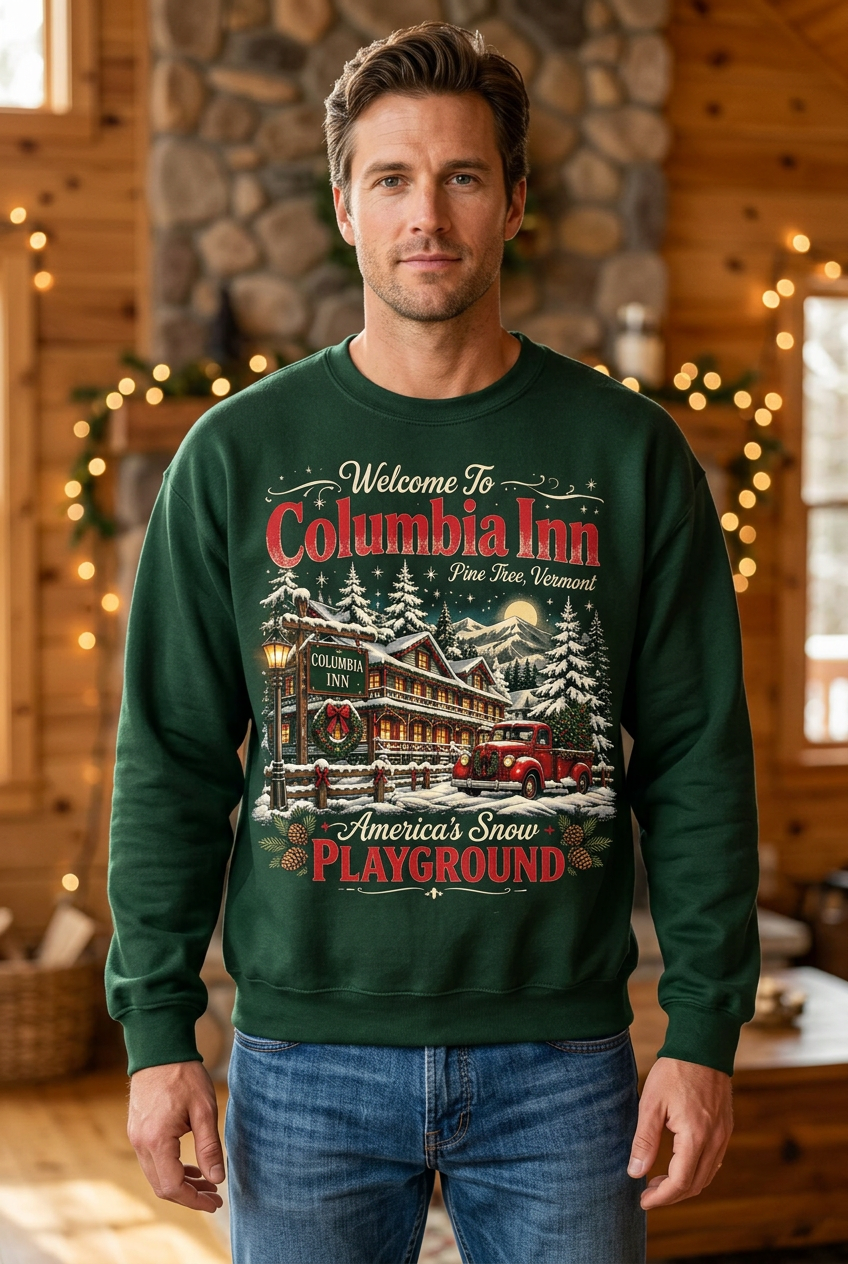 Male model wearing the Columbia Inn sweatshirt