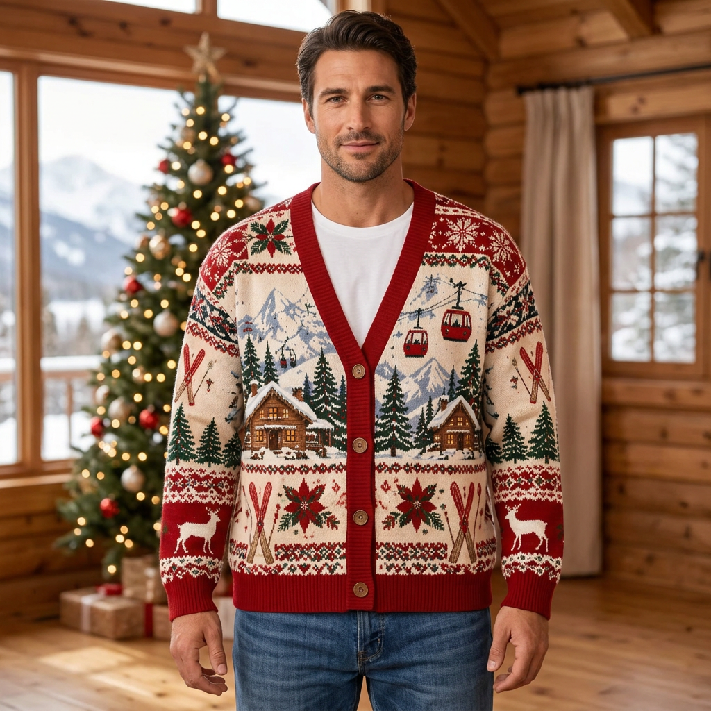 Male model wearing the Cozy Alpine Skiing cardigan
